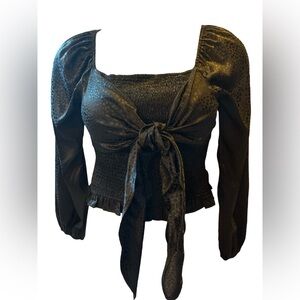 Savanna Jane Elastic Bodice Black Tie Front Women's Satin Blouse NWT